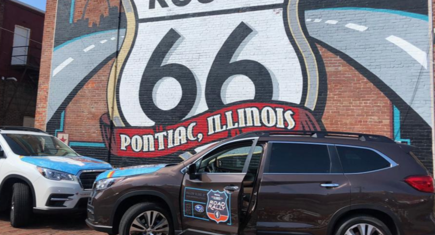 The Meredith Road Rally stops by the Route 66 shield mural in Pontiac